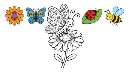 Floral and insect illustration with butterflies bee and ladybug on white background © Sonjita
