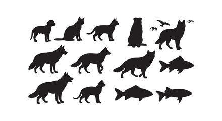 Wild and domestic animal silhouettes featuring wolves cats dogs and fish vector graphic. © Md