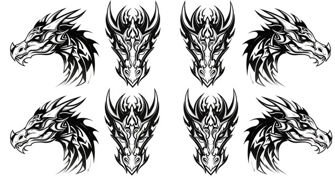 Collection of detailed dragon head illustrations in black and white