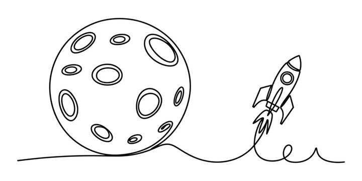 Continuous line drawing of a rocket flying to the moon