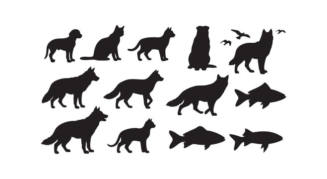 Wild and domestic animal silhouettes featuring wolves cats dogs and fish vector graphic.