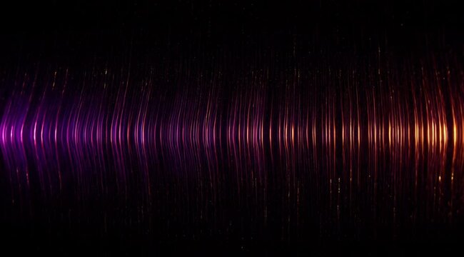 Abstract sound wave visualization with glowing rhythmic vertical pulses, digital audio equalizer, data transmission and frequency spectrum motion background