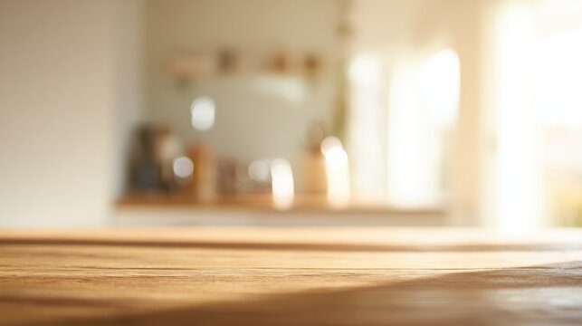 Warm light shines on a wooden table in a kitchen setting in the morning