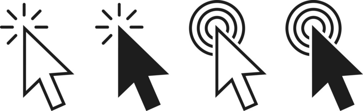A collection of computer mouse cursor arrow icons showing various clicking actions and selection states for digital interface design and web development projects