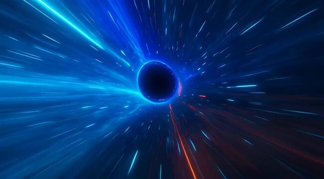 Abstract space travel through a dark wormhole with glowing blue and red light trails, dynamic motion background for sci-fi visualization