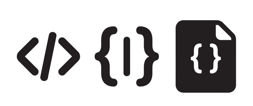 Three black representing programming code symbols including angle brackets, curly braces with a line, and a file with braces on a white background