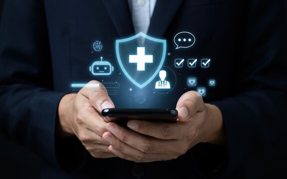 Businessman using smartphone with digital health icons