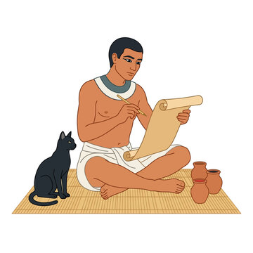 Ancient Egyptian scribe writing on papyrus scroll with black cat beside