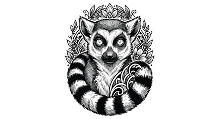 Black and white neo-traditional tattoo style illustration of a ring-tailed lemur with large glowing eyes, symmetrical facial features, and floral elements on white background. © pelukis