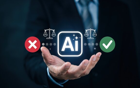 Businessman holding ai icon with balance scales and checkmarks