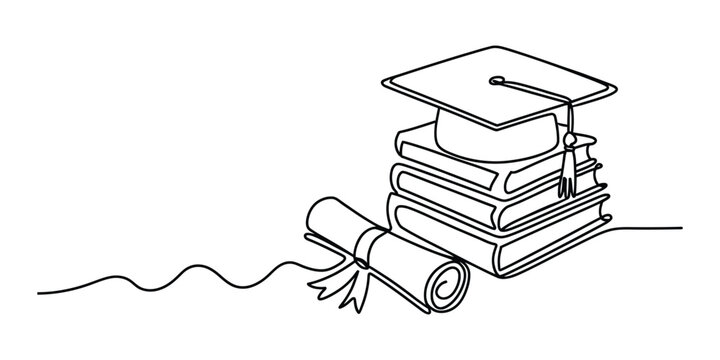 Continuous line drawing of graduation cap books and diploma