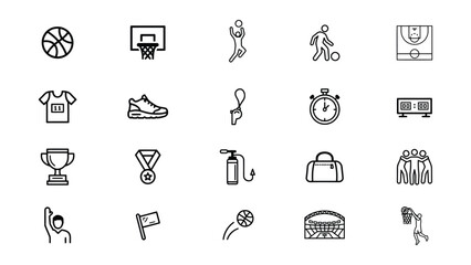 Fototapeta premium Collection of flat basketball and sports related icons with transparent background for various uses
