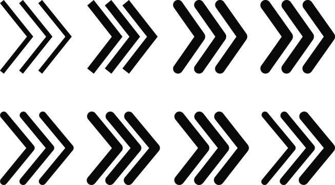 A collection of black arrow icons featuring multiple parallel lines pointing to the right isolated on a white background for graphic design