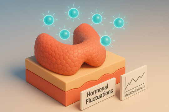 3D isometric thyroid gland with glowing teal hormone molecule floating above coral beige layered block structure small card labeled Hormonal Fluctuations adjacent chart