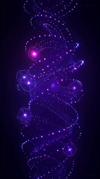 Abstract swirling particles with purple light trails forming a spiral, futuristic energy flow, digital data stream, motion graphics background