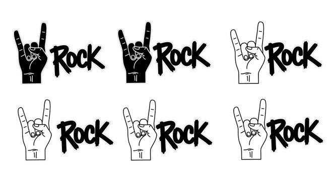 Collection of black and white rock and roll hand gestures with the word rock repeated