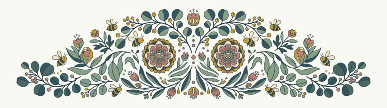Floral Botanical Swag with Bees and Folk Art Inspiration