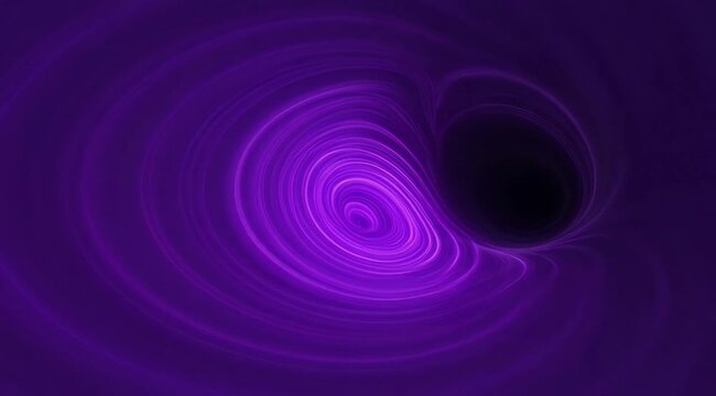 Abstract swirling purple light vortex with circular motion, dynamic energy flow and glowing liquid trails on black background for motion graphics