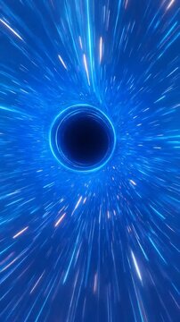 Abstract tunnel of glowing blue light particles moving at high speed in dark space for futuristic tech and science fiction motion backgrounds