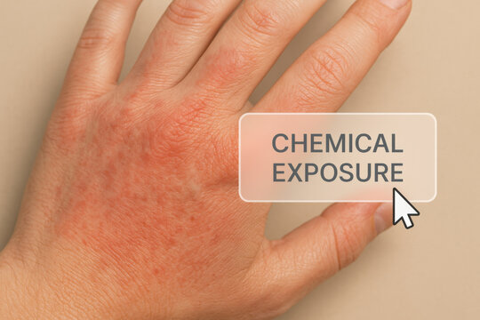 Hand with red irritated rash skin and chemical exposure digital text overlay on beige background, clinical dermatology concept