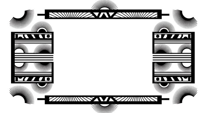 Intricate black and white art deco frame with palm leaf and geometric patterns for vintage design