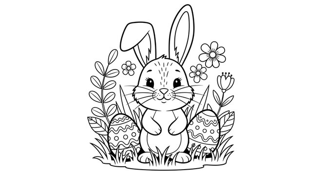 Charming hand drawn illustration of a rabbit among flowers and easter eggs in a whimsical style