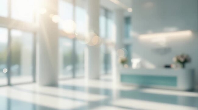 Blurred lobby interior background with bright sunlight bokeh, professional corporate office reception area, architectural design, light atmosphere