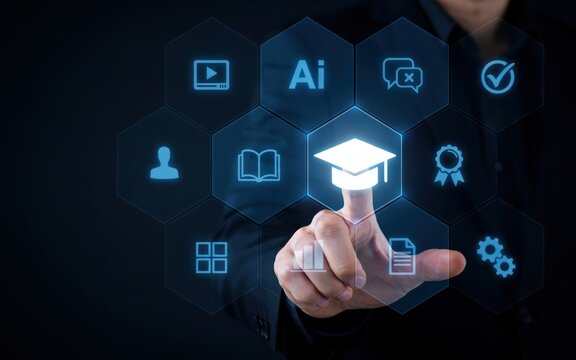 Businessman touching a digital interface with education icons