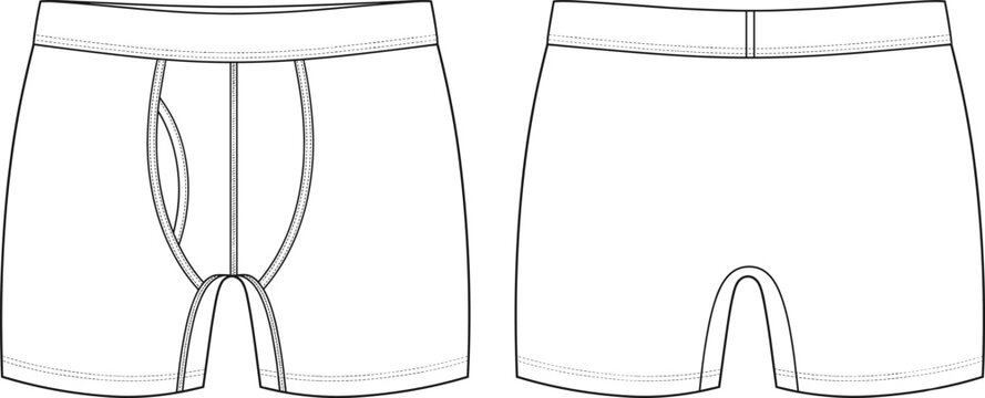 Mens boxer briefs technical drawing fashion flat sketch template apparel design front and back view illustration