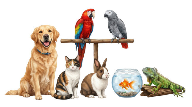 Domestic Pet Animal Group Isolated on Transparent Background