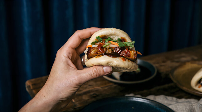 Hand holding a delicious bao bun. Person eating tasty Asian street food snack.