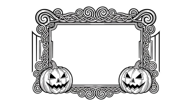 Ornate halloween frame with carved pumpkins and swirling decorative elements in a vintage style