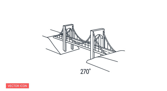 Suspension bridge vector illustration, 270 degrees perspective, clean line art