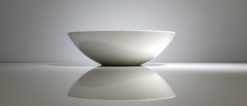 Minimalist white bowl on smooth reflective surface with soft lighting