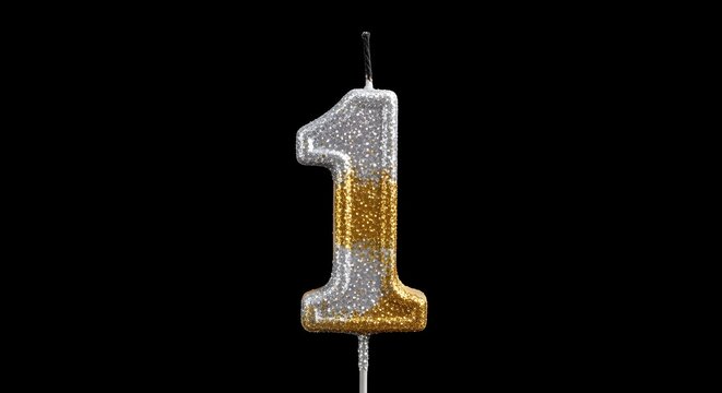 Sparkling number one birthday candle with gold glitter on black