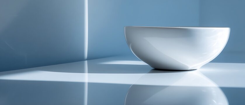 Modern white bowl on glossy blue tiled surface