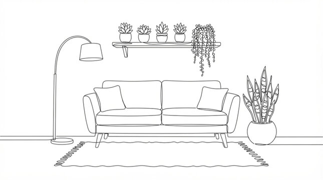 Minimalist continuous line art living room vector illustration cozy one line sofa and house plants interior design