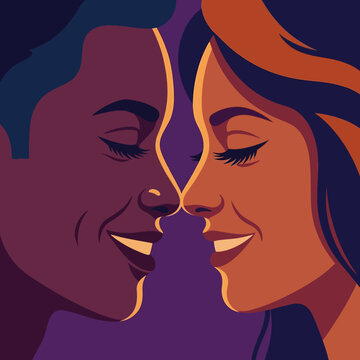 Close up profile of a happy multiracial couple touching noses in love