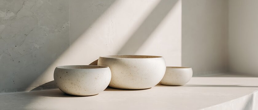 Three minimalist concrete bowls on a light shelf with natural lighting