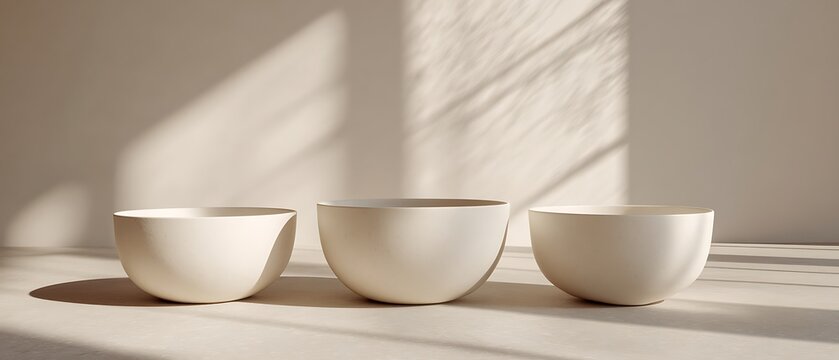 Three minimalist white bowls in soft natural light on a plain surface