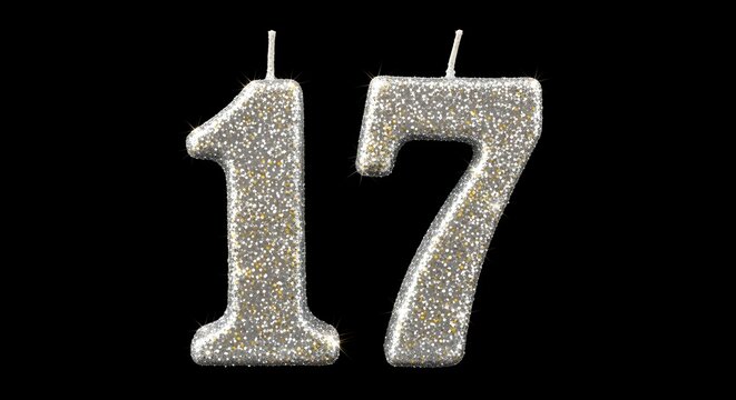 Silver glitter number 17 birthday candles on black background ce