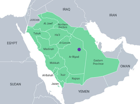 Saudi Arabia Administrative Map with Regions, Borders, and Capital City