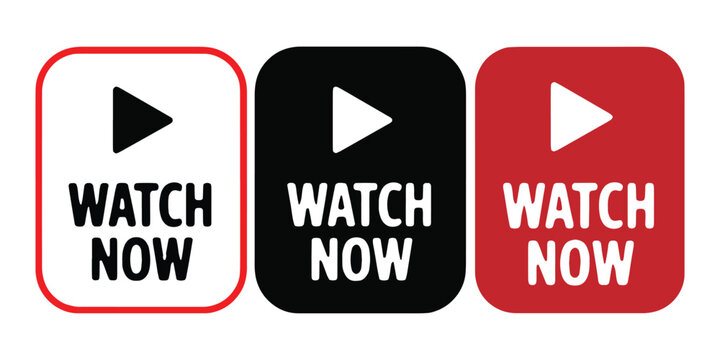 Collection of play button icons with watch now text for video marketing and online advertising.