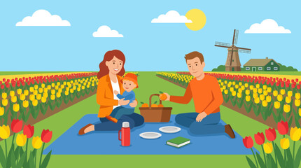 Family Having a Picnic in a Colorful Tulip Field
