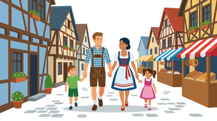 Family in Traditional Bavarian Clothing Walking Through a German Market Town © Plastik