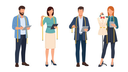 Obraz premium Fashion designers and tailors working with measuring tapes and tablets, creating new clothing collections.