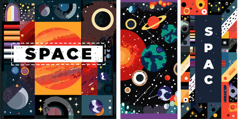 space themed colorful retro vector posters planets stars galaxy cosmos astronomy futuristic illustration poster artwork design graphic vintage science fiction universe celestial orbit © Pabitra