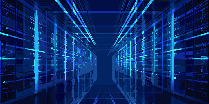 data center server racks in futuristic blue lighting technology servers networking digital infrastructure information storage computer hardware tech industry room processing internet cloud