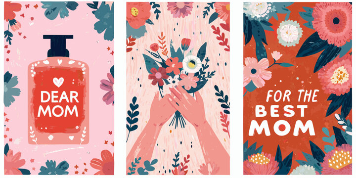 mother s day posters with floral designs and heartfelt messages flowers bouquet hands soap bottle dear mom best illustration vector colorful sentimental celebration