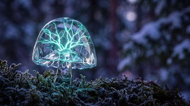 Cinematic wide shot of a clear glass ice mushroom glowing with branching teal neural networks on a frozen forest moss ground